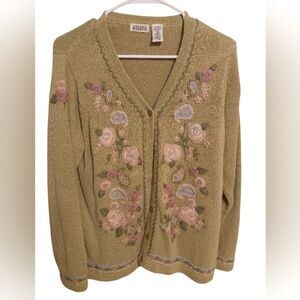 VINTAGE CLASSIC ELEMENTS OLIVE GREEN FLORAL EMBROIDERED BUTTON-UP SWEATER SIZE M